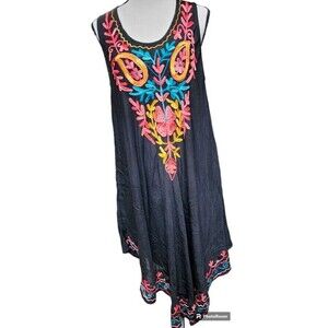 CYN Embroidered Dress One Size Black Boho Hippie Festival Asymmetrical